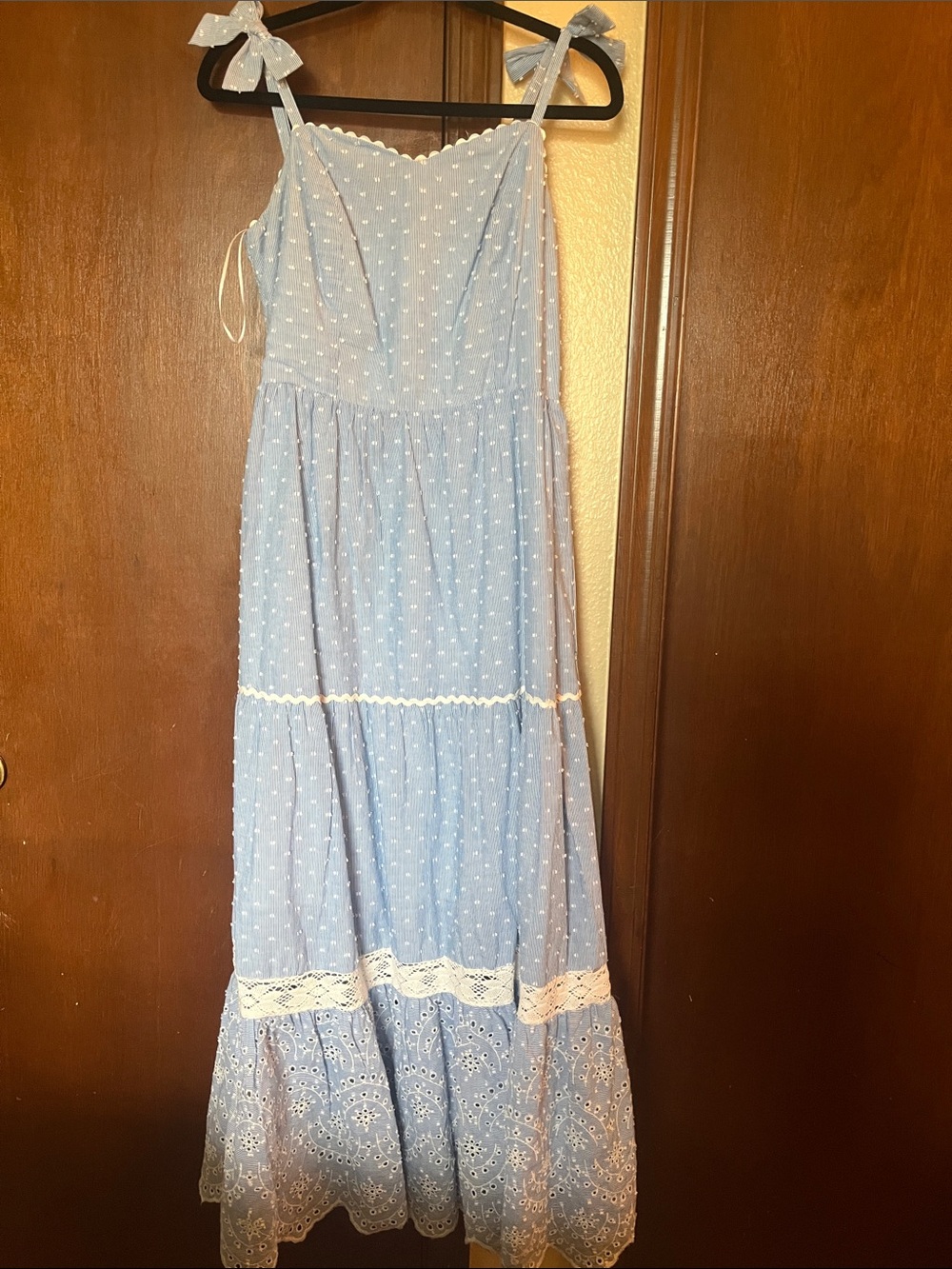 Blue Eyelet Maxi Dress with Tie Shoulder Bows